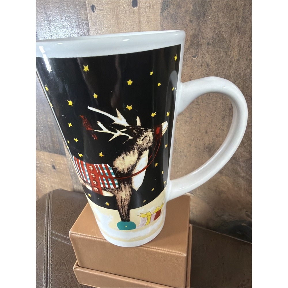 Vintage Christmas Reindeer Star Tall 6" Ceramic Heavy Mug Holiday Coffee Tea Mug